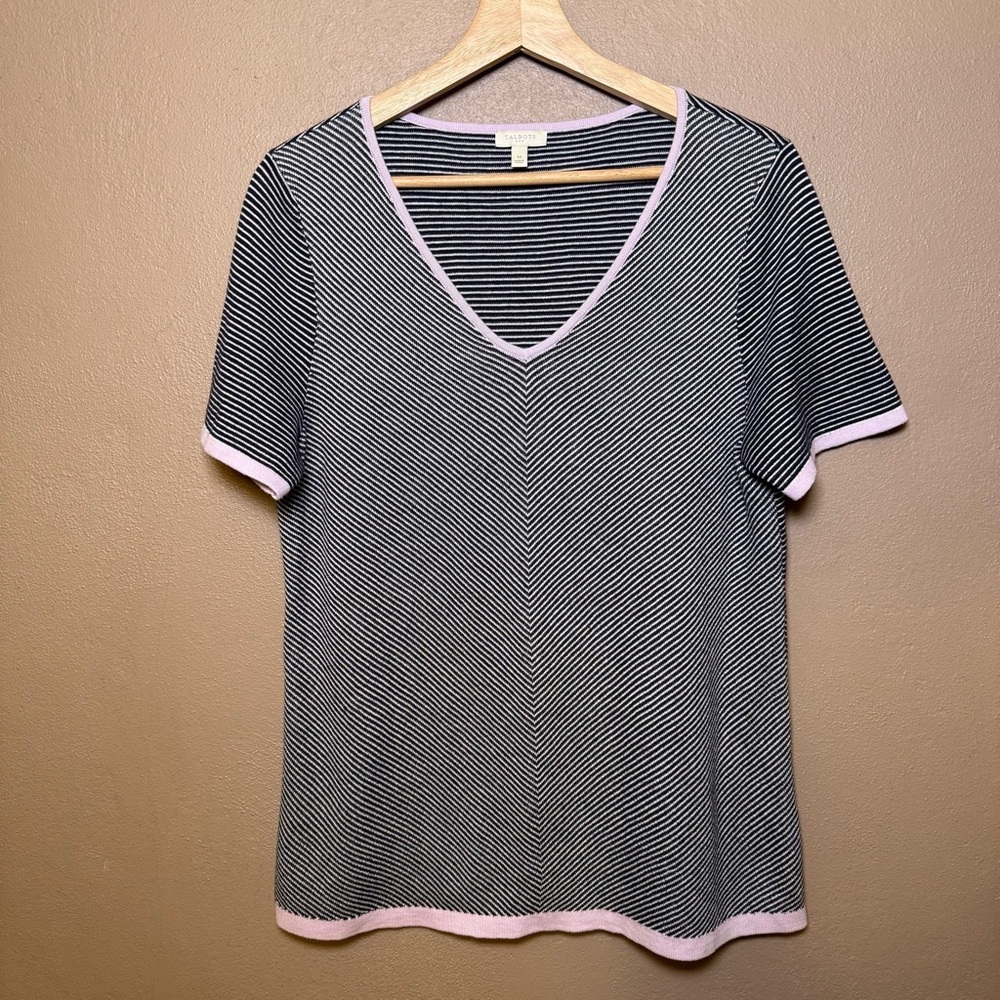 Talbots Womens Size Medium Short Sleeve Knit Striped Shirt 100% Cotton Feminine